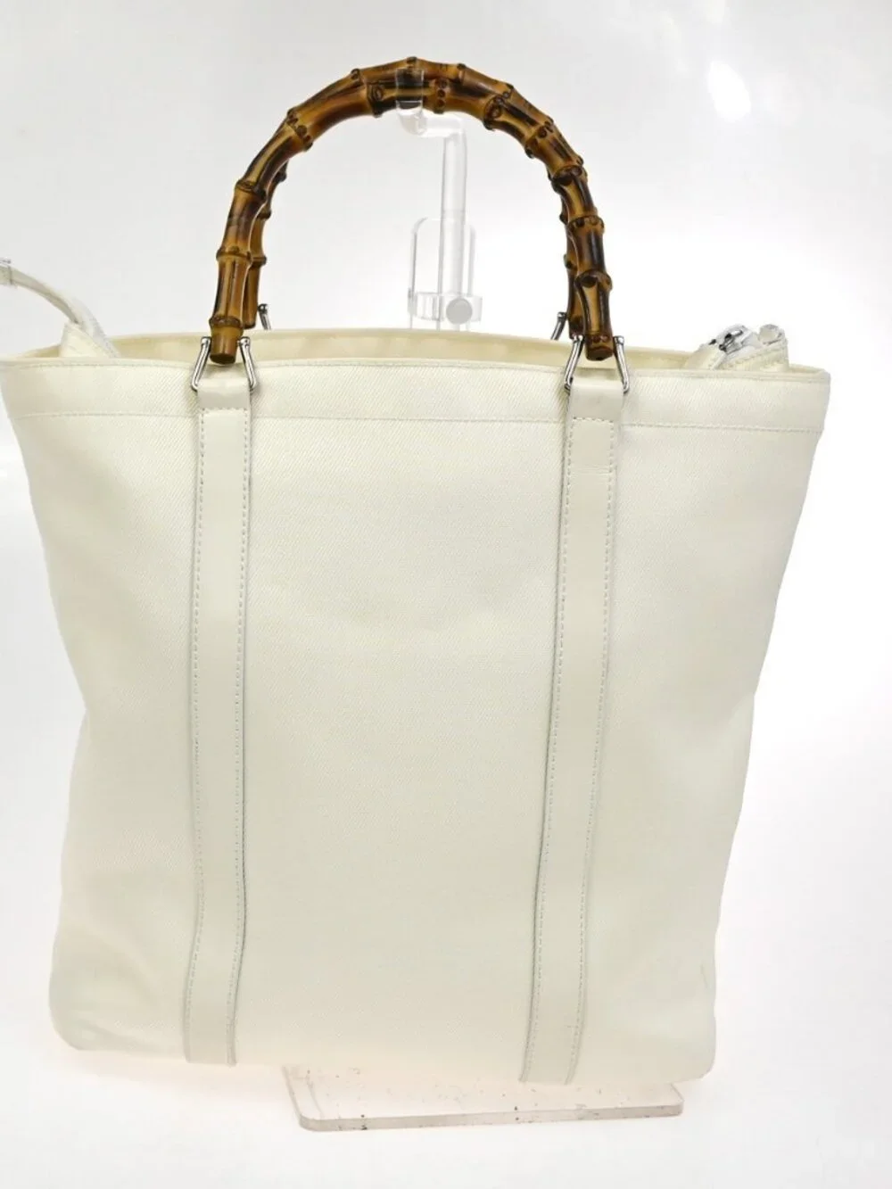GUCCI Logo Bamboo Tote Handbag Nylon Patent Leather White SHW Italy 66KC967 - Picture 3 of 16